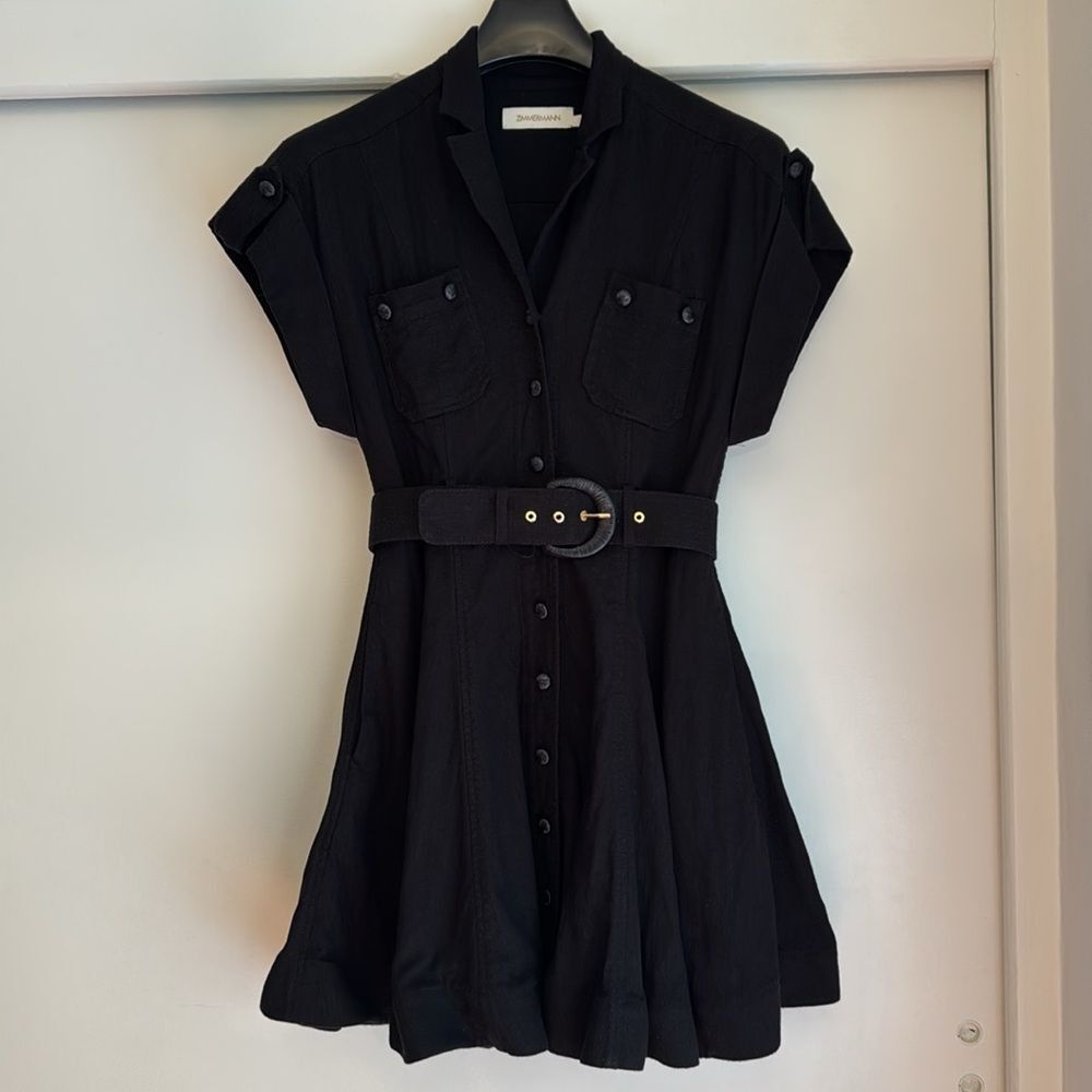 Zimmermann 0 Black Utility Button Down Linen Mini Shirt Dress with Belt